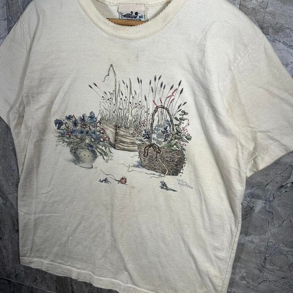 Vintage 90s Northern Reflections cream Embroidered Floral Garden tee shirt Large - Picture 2 of 7